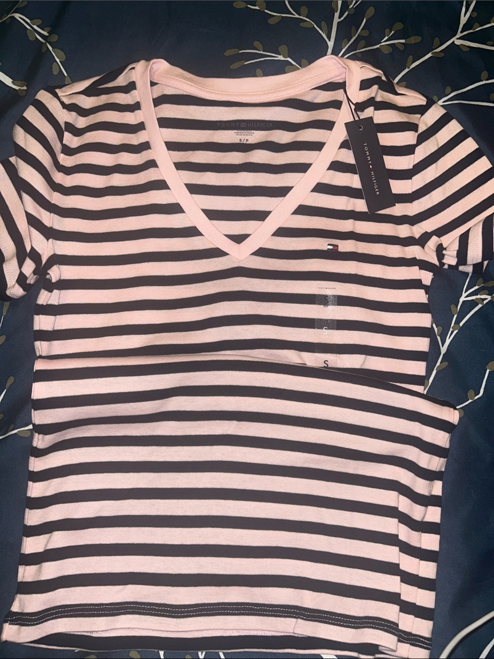 Tommy Hilfiger Black and pink Striped V‑Neck Tee